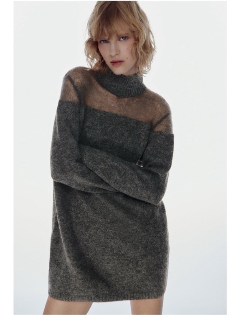 NWT Zara Semi Sheer Gray Wool Mock Neck Knit Sweater Oversized Mini Dress Small
